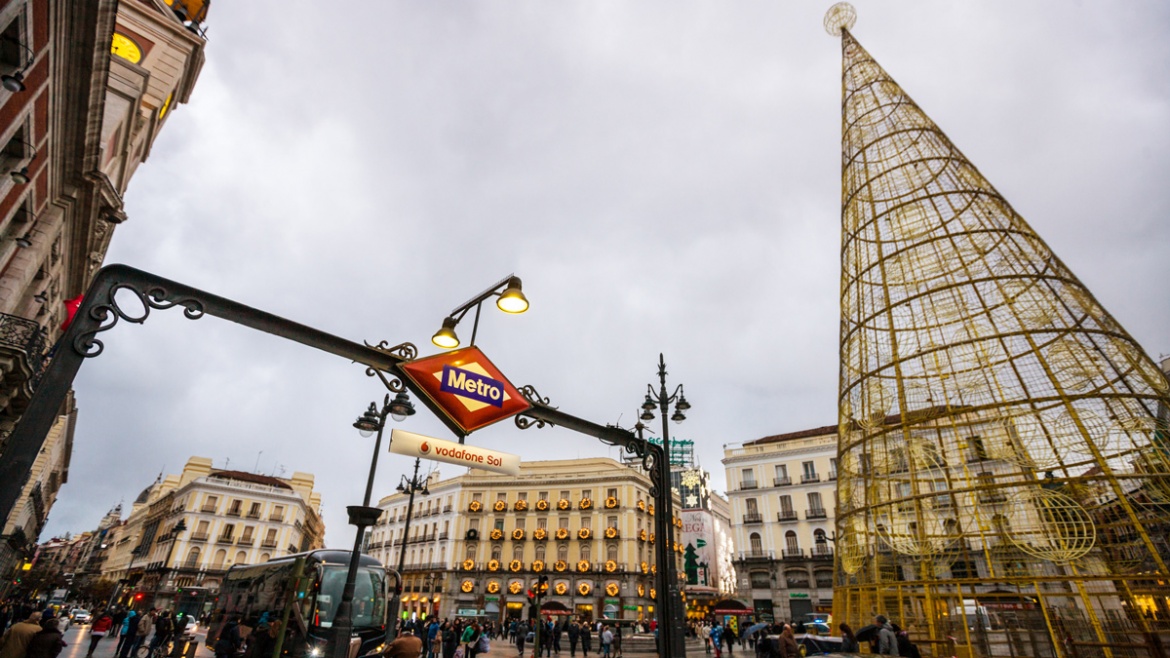 Puerta del Sol with christmas decorations in Madrid