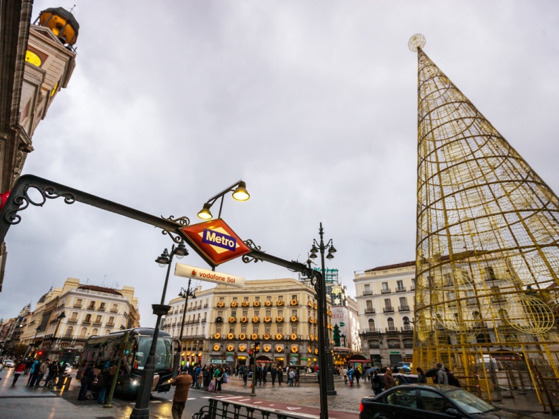 Puerta del Sol with christmas decorations in Madrid